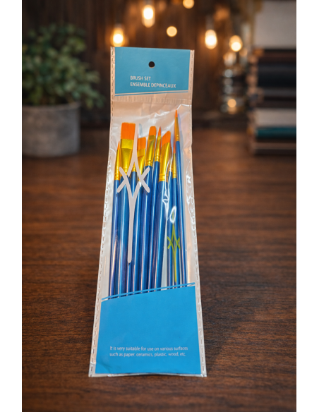 Brush Set 10 Pieces - Blue Handle - Various Sizes for Painting
